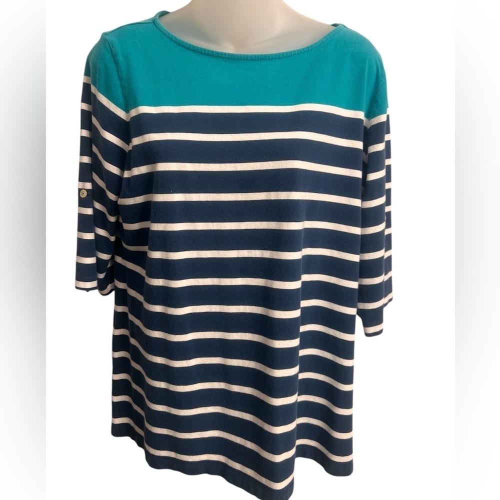 Ruby Rd Knit Stripe Boat Neck Elbow Roll-Tab Sleeve Side Slit Large